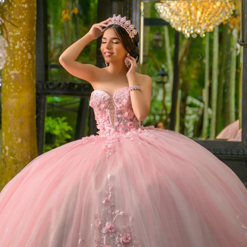 Pink Quinceanera Dresses Off The Shoulder Applique Flower Beading Crystal Tull Party Birthday Sweet 16 Dress Vestidos 15 De Anos