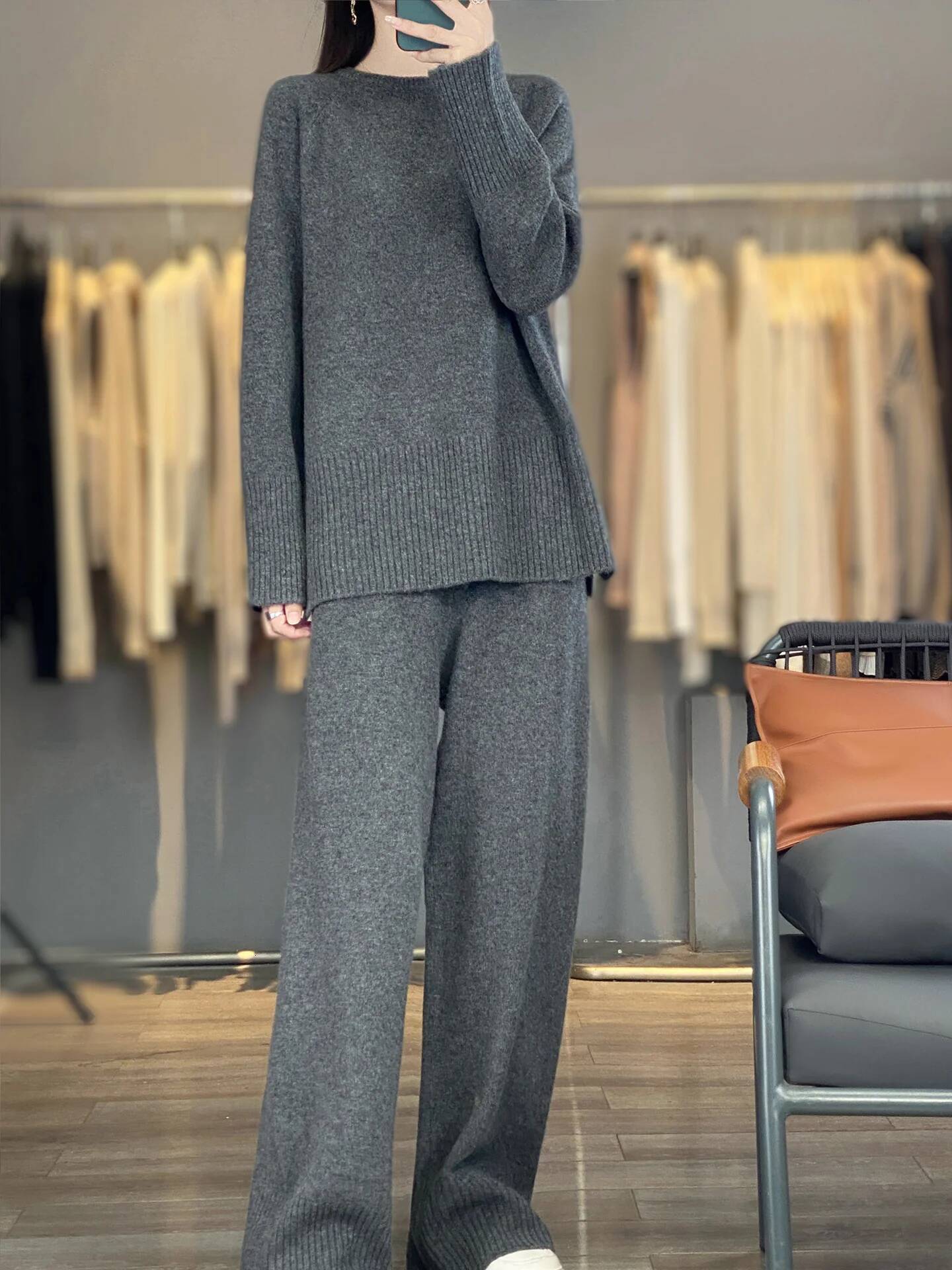 Autumn And Winter Round Neck Thickened Split Thread Knitted Sweater Wide Leg Pants Two-Piece Women's Loose Cashmere Suit