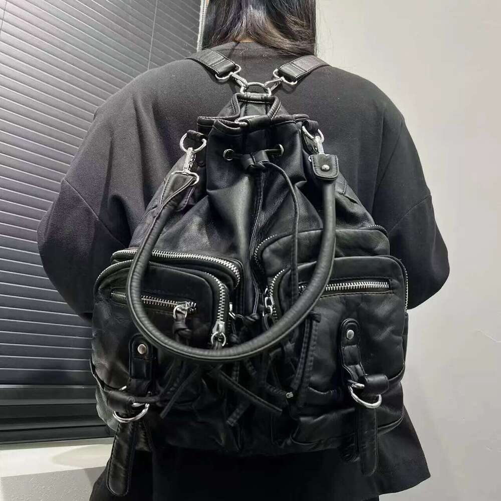 Ladies' Fashion Y2k Street Spicy Girl Backpack Large Capacity Aging Multi Functional Pure Leather Retro Shoulder Bag