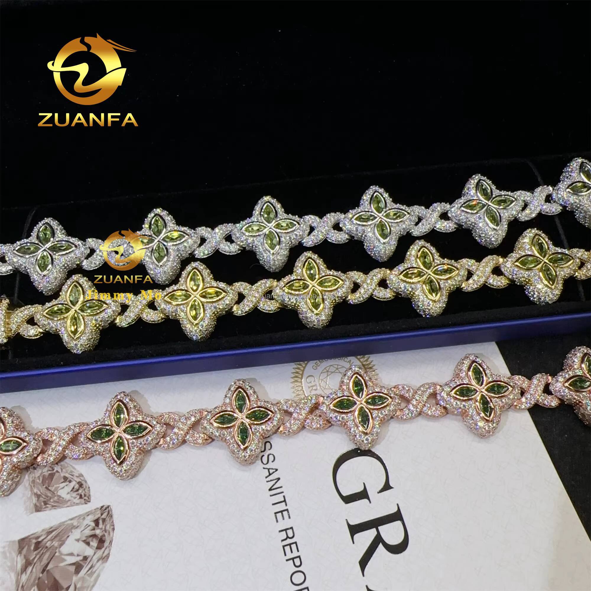S925 Silver Marquise Flower Design Hip Hop Jewelry Iced Out Men Lab Moissanite Diamond Infinity Cuban Four Cleef Clover Bracelet