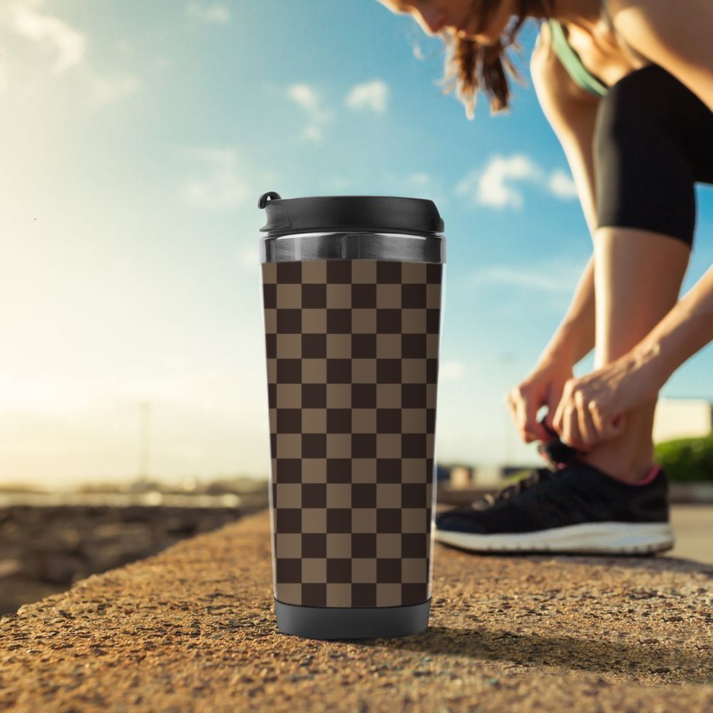 Luxury Stainless steel water cup designer travel mug with luxcury brown checkered pattern on the front