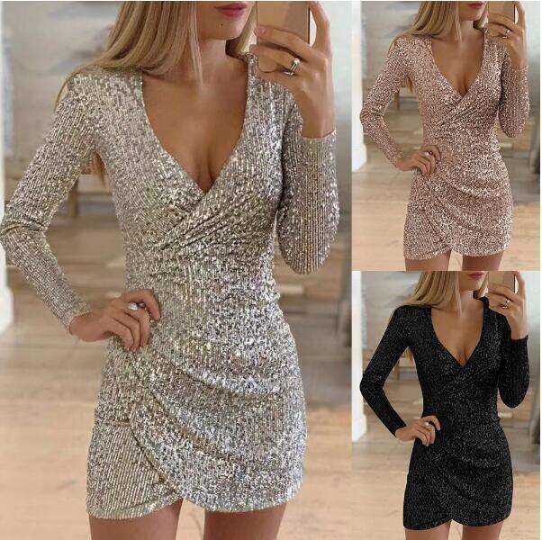 Autumn Sexy V-neck Bodycon Irregular Short Sequin Dress Gown
