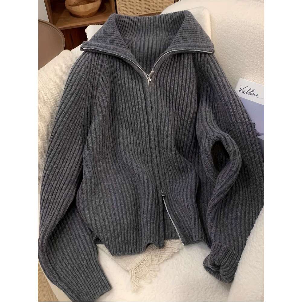 Women's Elegant Gray Cardigan - Soft Long Sleeve Open Front Sweater With Zipper Closure, Loose Fit Fall Winter Coat For Everyday & Formal Outfits