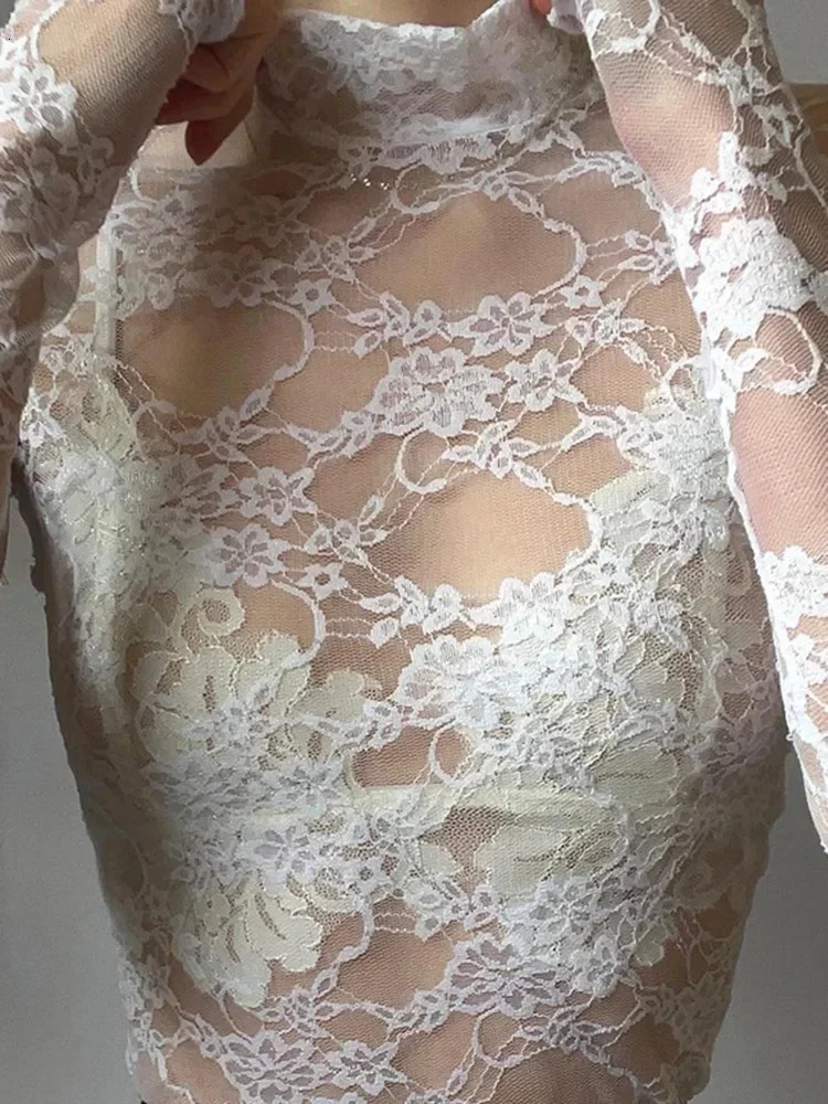 Sexy Lace Blouse Shirts Summer Women Turtleneck Long Sleeve See Through Lace Patchwork Thin Tops 251027