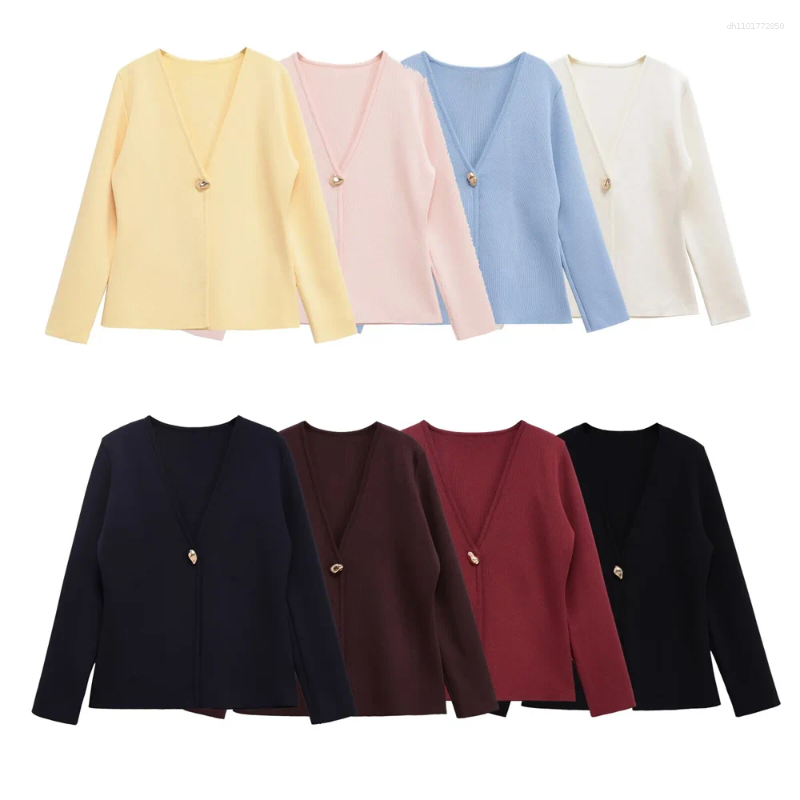 Women's Jackets European And American Style Gold Button Decoration V-neck Long Sleeved Simple Knitted Jacket