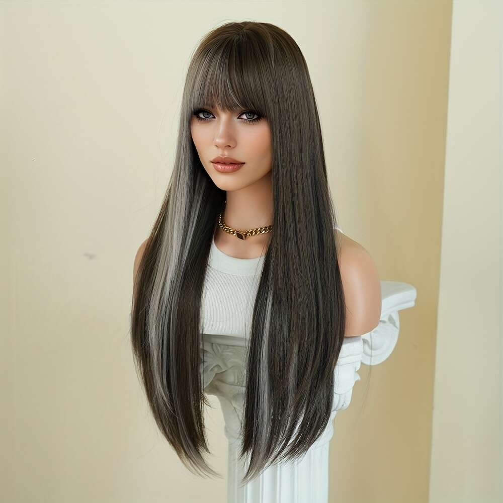 7Jhh WIGS Coffee Brown Heat Resistant Synthetic Hair, Natural Look For Everyday, Parties, Halloween Voluminous Straight Hairstyle With Rose Net Cap Wo