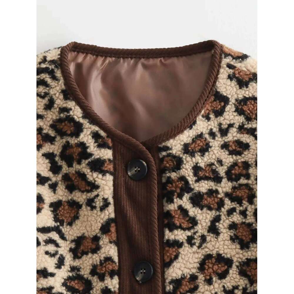 HH Women Winter Fleece Leopard Print Loose Jacket Vintage O-Neck Long Sleeves Y2k Female Casual Fuzzy Coat Outwears
