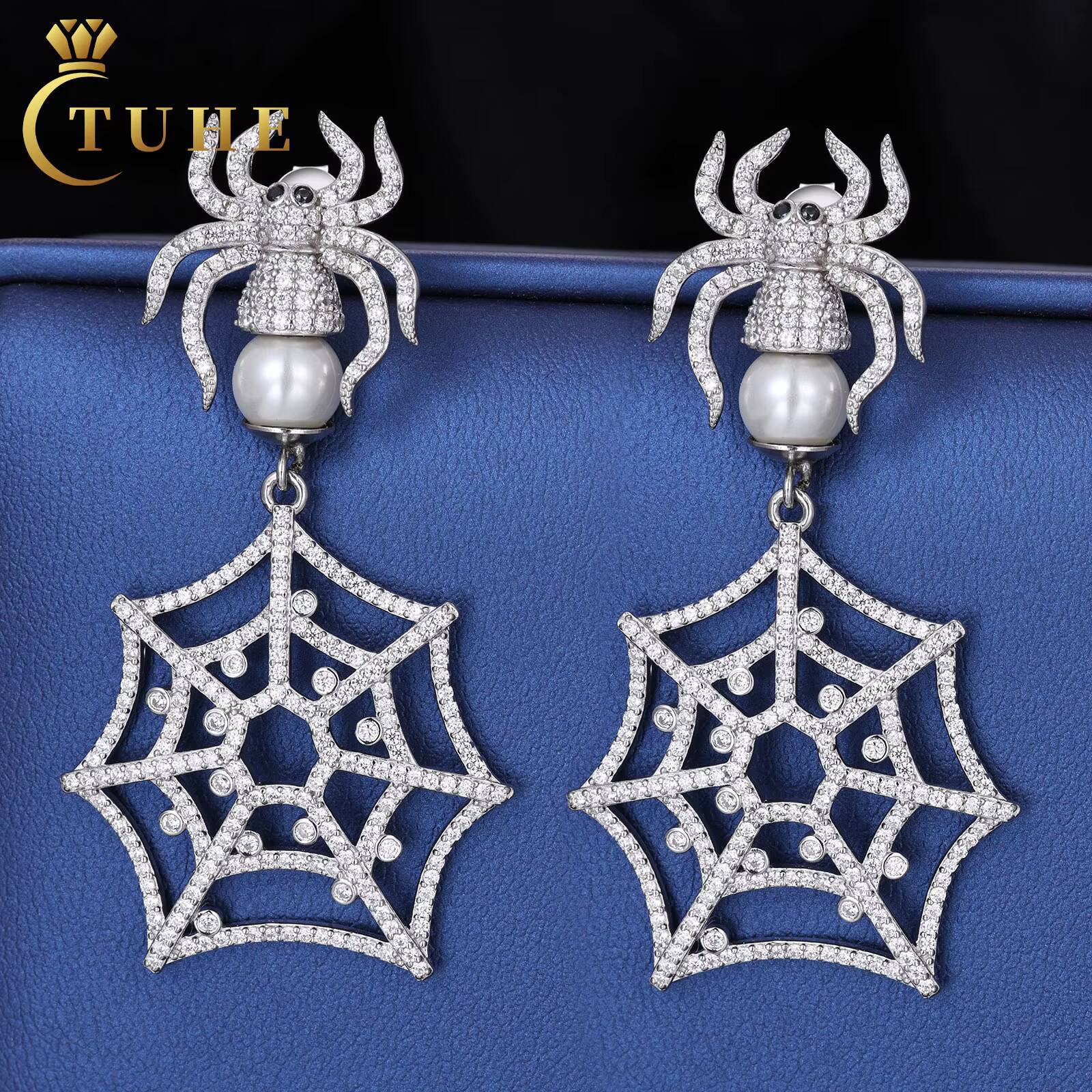 Creative Design Spider Jewelry Earrings 925 Sterling Silver VVS Moissanite Diamond Spider Web Pendant Earrings for Party Gift