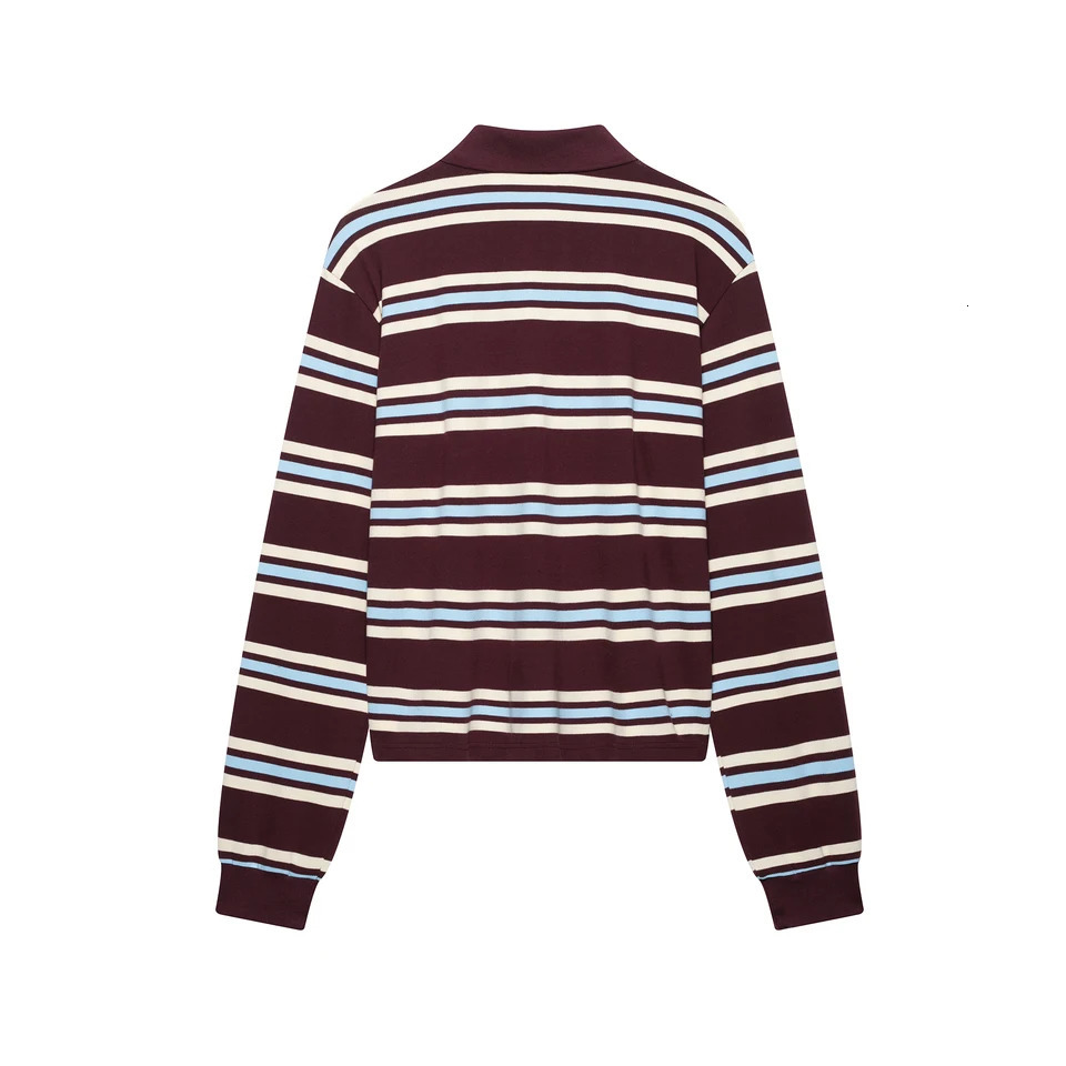 DUOPERI Women Fashion 2025 Striped Pullover Shirts Lapel Neck Long Sleeves Elegance Female Chic Lady Polo Shirt Tops 251027