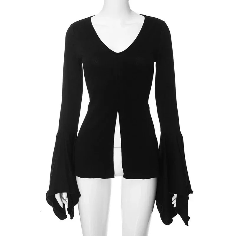 Goth Dark Fairy Grunge Flare Sleeve Vneck Tshirts Gothic Split Sexy Lettuce Hem Female Blouses Y2k Black Slim Fashion Alt Tops 251027