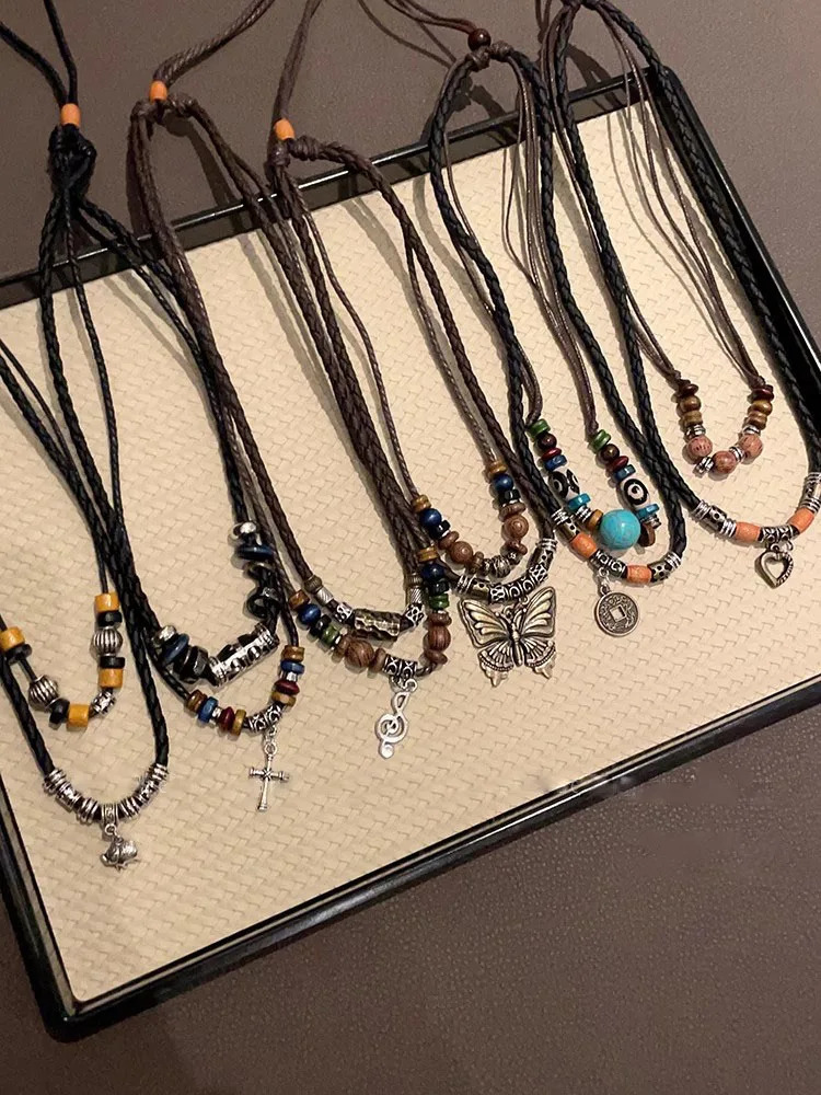 Chinese Ethnic Style Woven Rope Copper Coin Necklace With Female Feeling Crescent Collar Long Beaded Sweater Chain 251023