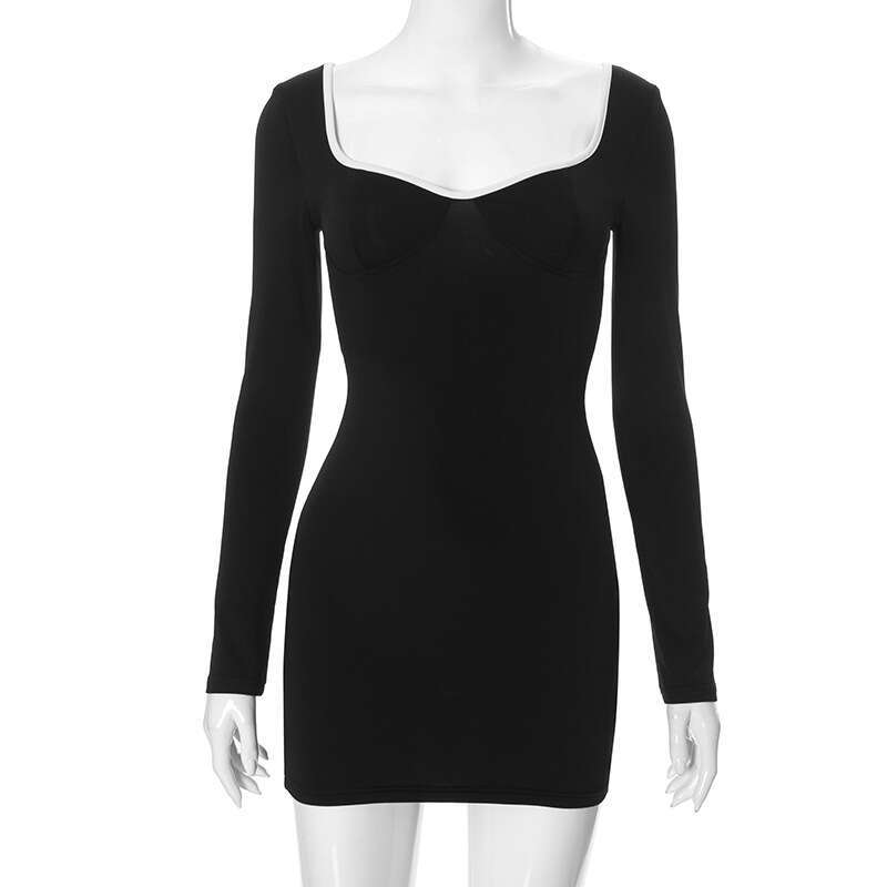 Women's Autumn New Solid Color Long Sleeve Square Neck Slim Sexy Bodycon Dress