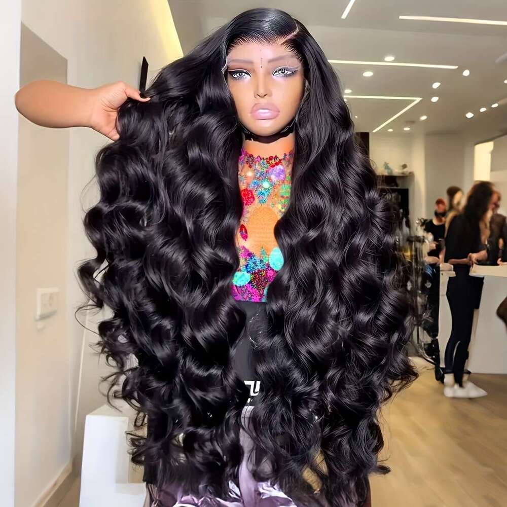 Black Wave Black Body Wave Synthetic Hair 13X4 Lace Frontal Wigs | Preplucked Heat Resistant Fiber Daily Party Glueless Front Wig For Women