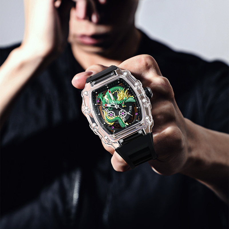 Designer Watch Men's Watch Dragon Embossed Luxury High-end Transparent Barrel Hollow Quartz Watch