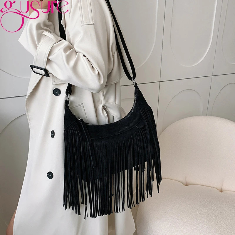 Gusure Vintage Tassel Crossbody Shoulder Bags Women Fashion Suede Small Handabg and Purse Female Armpit Hobos Bag 251027