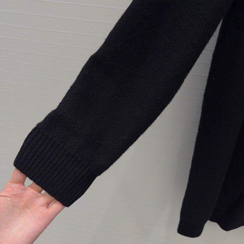 Luxury Designer Women's 3D Camellia Black Knit Dress Classic Simple Wool Blend Round Neck Mini Shift French Elegant Long Sleeve Soft Clothing S10