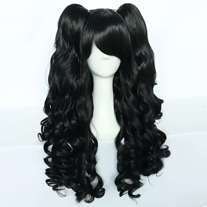 23.62Inch Long Black Anime Double Ponytail Wig With Clip-On - Wavy Hair For, Volume & Curly Wave Texture, One-Size-Fits-All For Halloween, Conventions