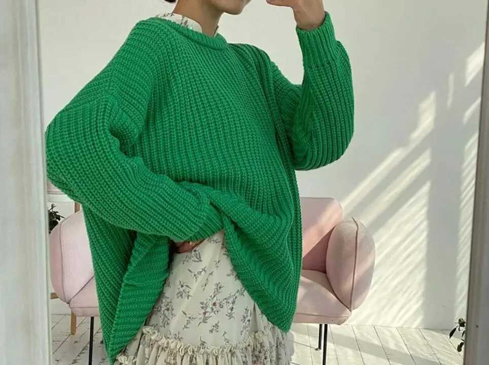 New AutumnWinter Fashion Long Sleeve Loose Round Neck Knitted Solid Color Sweater For Women6 ColorsT251027