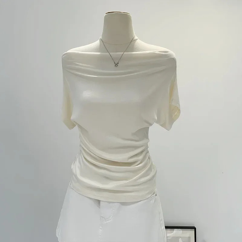 Summer Pure Desire One Shoulder Black Short Sleeve Womens Tshirt Korean Style Slimming Top Exposed Shoulder Fashionable 251027