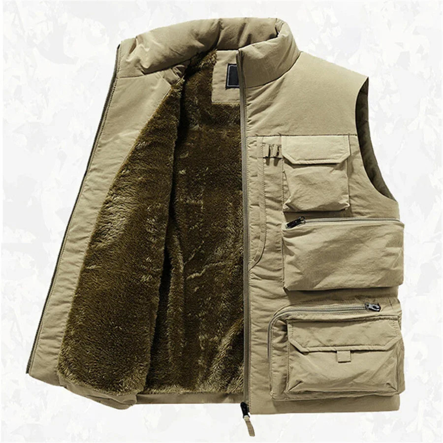 Mens Cargo Vest Winter Thick Fleece Warm Sleeveless Jacket Solid Color Tactical Coat Men Pockets Work Waistcoat 6XL 251024