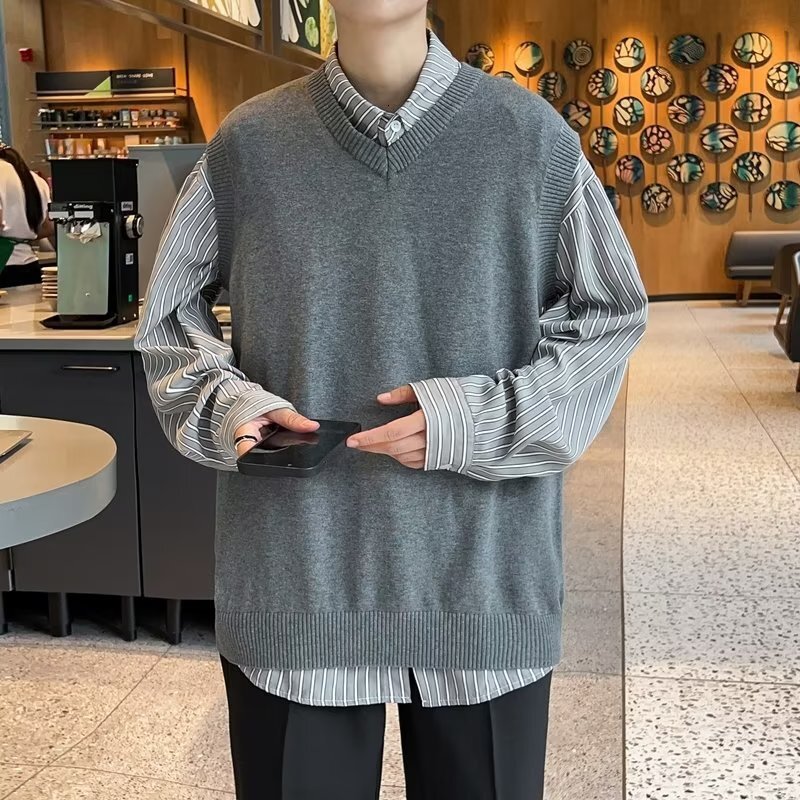 V-neck Sweater For Men Autumn And Winter Korean Style Trendy Loose Knitted Designer Sweater Vest Autumn Ins Sleeveless Tank Top