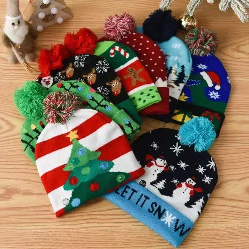 LED Light Christmas Hat Xmas Knitted Hats Warm Winter Cap New Year Featival Party Decoration Christmas Gift for Kids AdultsW251027