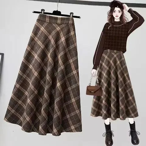 American Style Plaid Midi Skirt Womens Full A Line Skirts plus Size High Waist Slimming Long Trendy Spring Autumn 251027