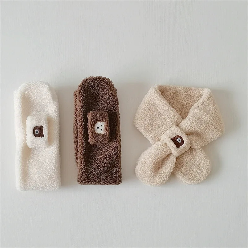 Cute Bear Baby Scarf Solid Color Cartoon Plush Neckerchief for Boy Girl Winter Warm Thicken Lamb Fleece Kids Cross Scarves 251027
