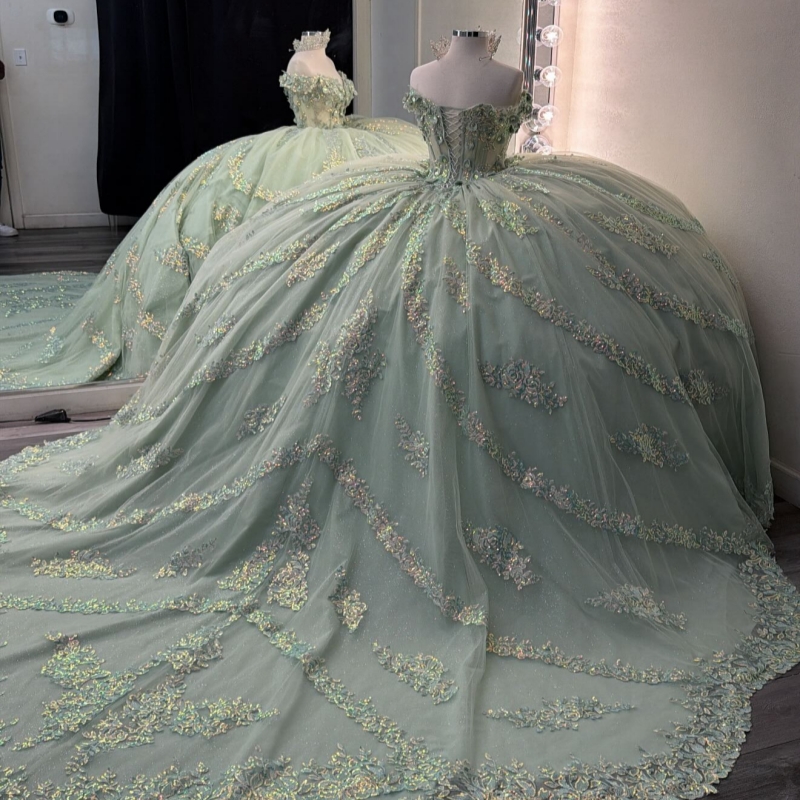 Green Shiny Quinceanera Dresses Off The Shoulder Applique Flower Beading Crystal Tull Party Birthday Sweet 16 Dress Vestidos 15 De Anos
