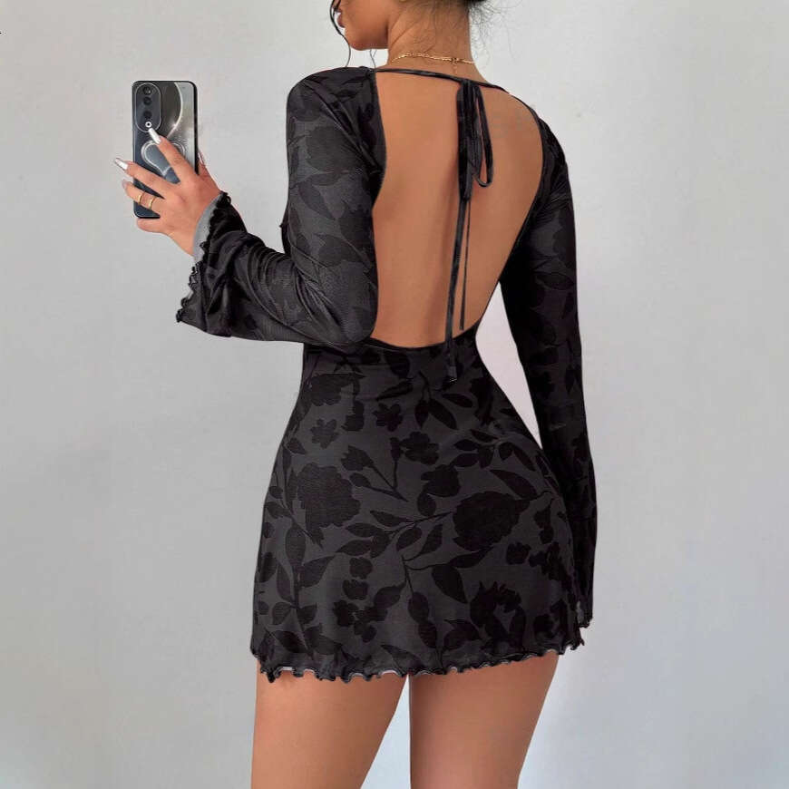 2025 Sexy Fashion New Printed Backless Elegant Flared Sleeve Short Dress