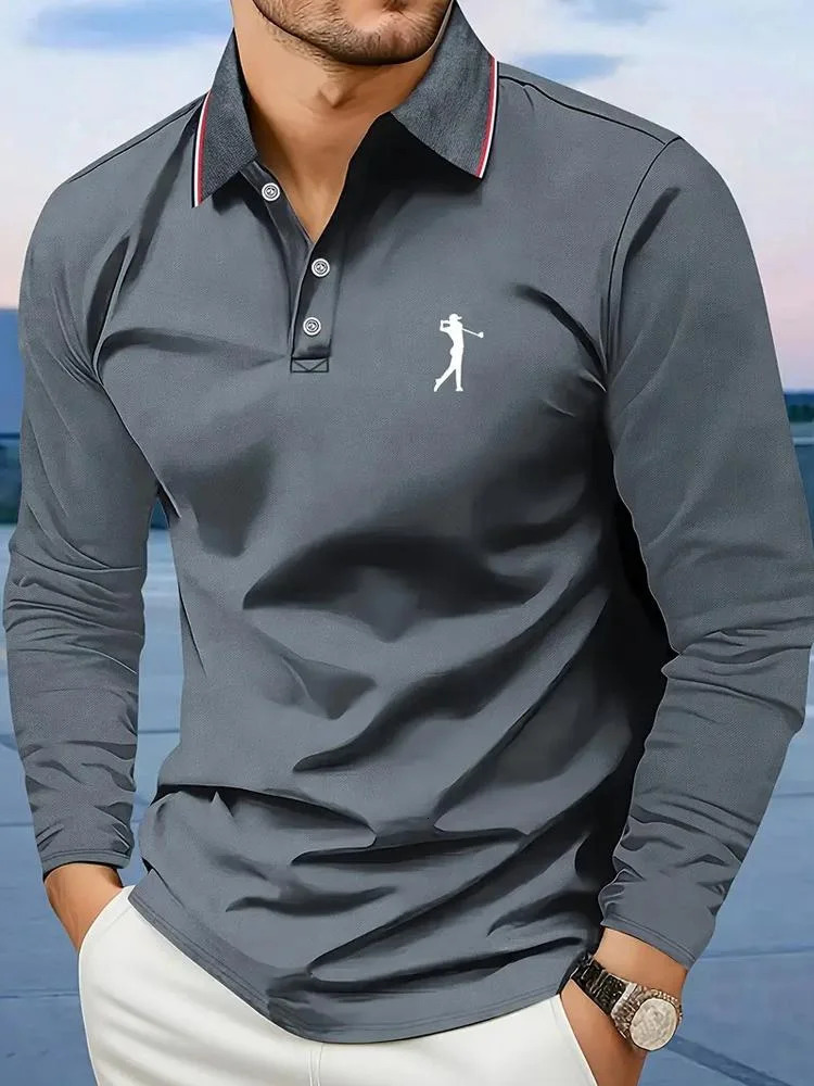 Breathable Mens Casual Long Sleeve Polo Shirt Comfortable Fit Graphic Print Stripes and Golf Player 251016