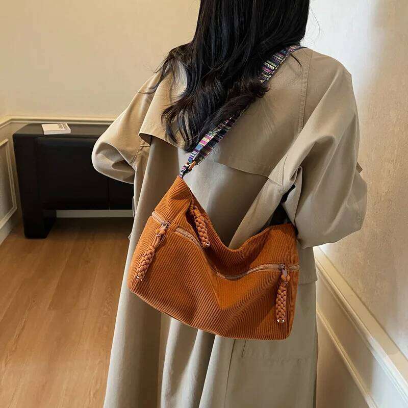 Trendy Wide Strap Corduroy Crossbody Women Fashion Tote Spacious Versatile And Large Capacity Travel Bags For Use
