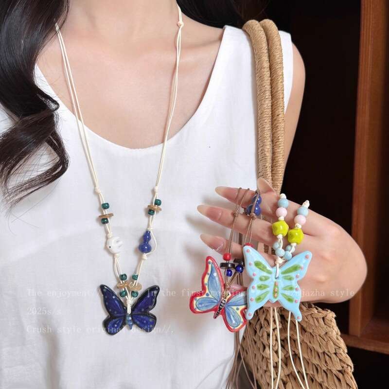 Ceramic butterfly bead pendant necklace with unique ethnic style accessories made of resin material