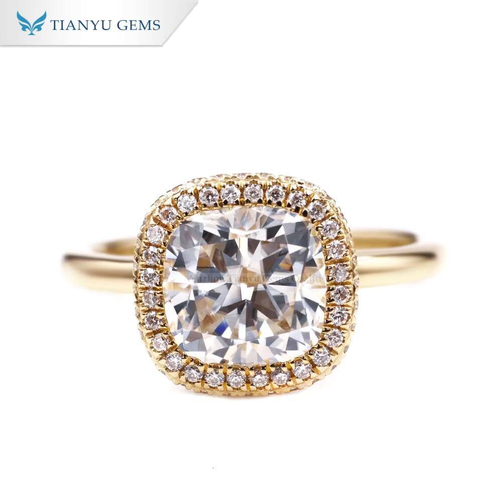 Tianyu Gems Custom Made 10k Yellow Gold Cushion Moissanite 85mm and halo Engagement Ring for Women