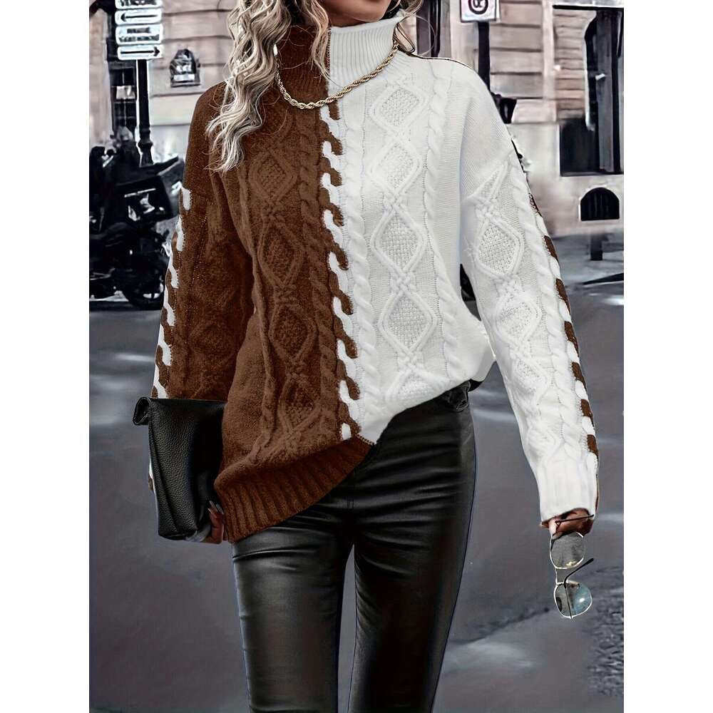 Elegant High-Neck Blouse With Vertical Stripes & Color-Blocking - Soft Stretch Long Sleeve Top, Winter Warmth, Non- Fabric For Fall/Winter Layering Of