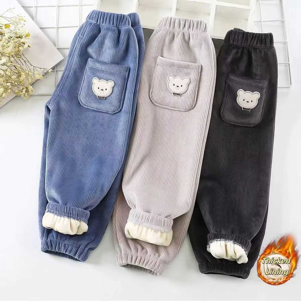 Winter Childrens Pants Thickened Fleece Lined Corduroy Trousers Cartoon Bear Embroidery Loose Fit Warm 17Y kidsPantsT251027
