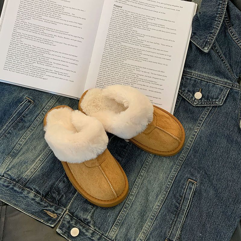 Free shipping fur slippers for women, fashionable and versatile all-in-one fur boots, winter new style, one-foot warm cotton slippers, a size smaller