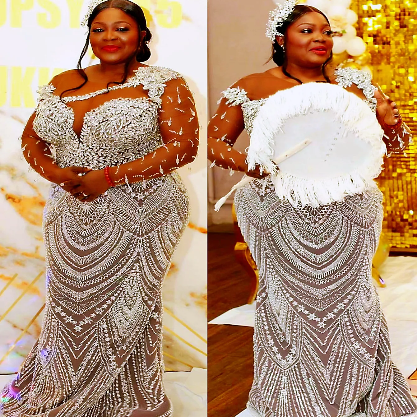 Aso Ebi Illusion Mermaid Wedding Dress in Ivory with Beaded Crystals Lace and Long Sleeves