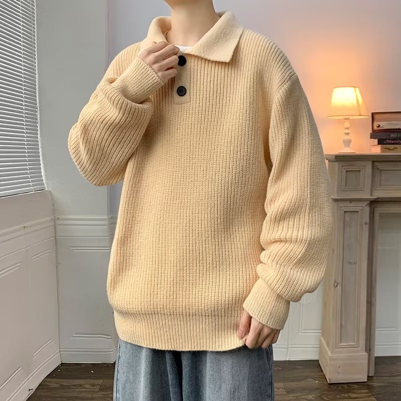 Lazy Style Polo Collar Sweater For Designer Sweater Men American Style Coffee Color High-end Oversize Knitted Innerwear