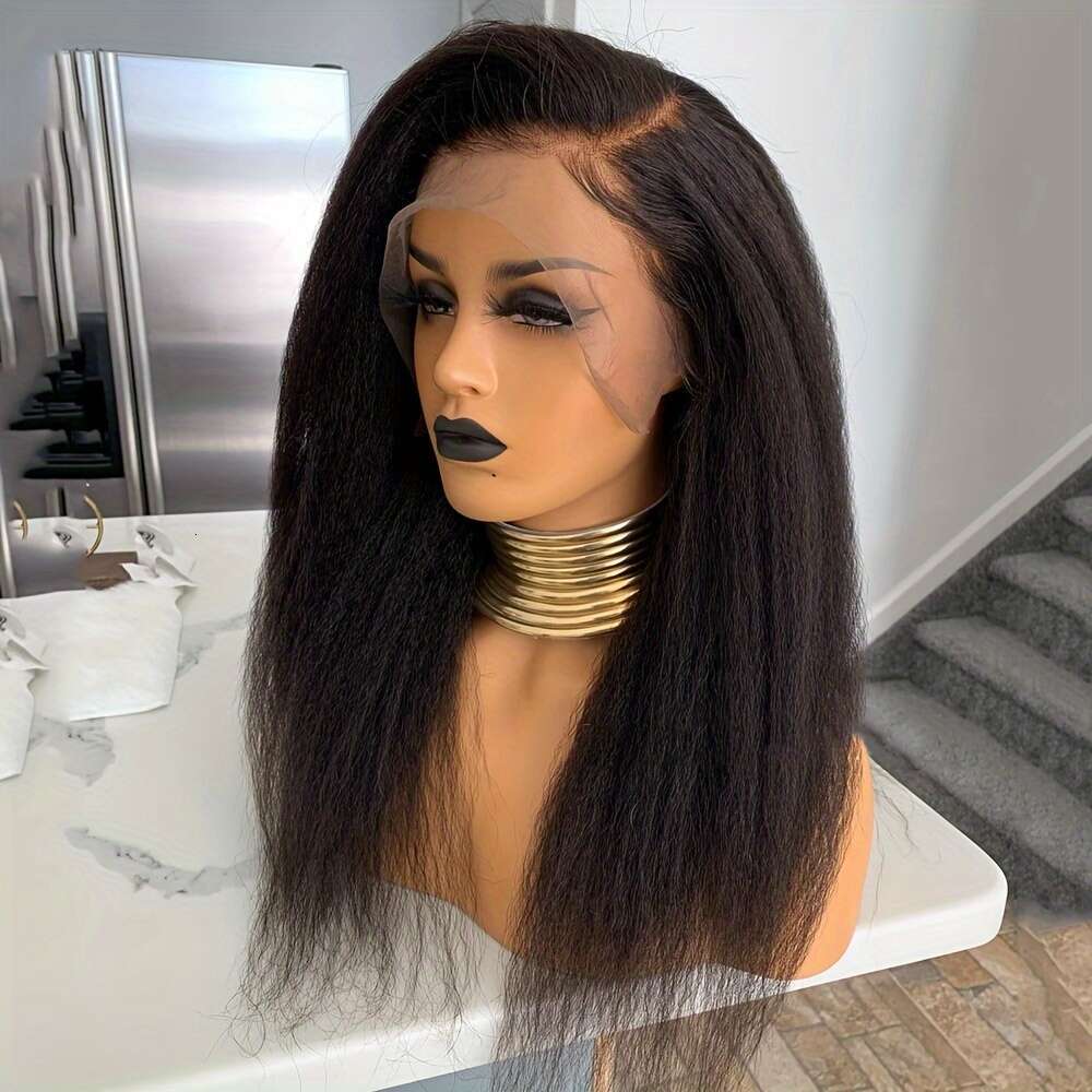 13X4 Lace Frontal Synthetic Wigs For Women Glueless, Preplucked, Bleach Knots, Long Yaki Kinky Straight Soft Hair | Black Color, Cosplay, Daily Party