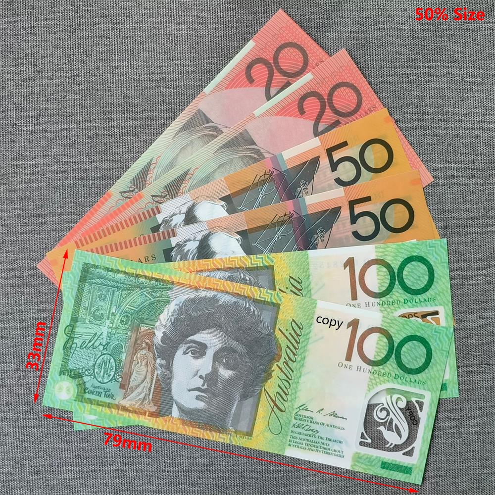 5A+ Ultra-thin Polymer Prop Money AUD Fake Money AUS Dollar Copy Money 20 50 100 Party Supplies Fake Movie Money Play Collection Gifts Home Decoration Game 79*33mm 50% Size