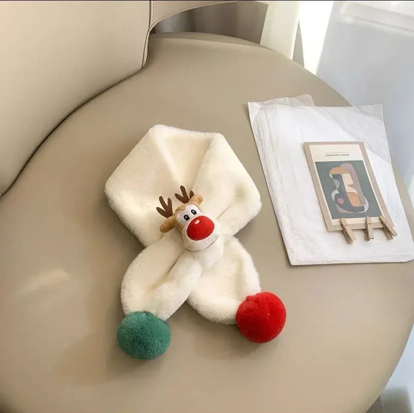 Warm Plush Scarf with Cartoon Deer and Fluffy Fur Balls Unisex Soft Neck Wrap for Autumn Winter Daily Wear and Festive Gift 251027