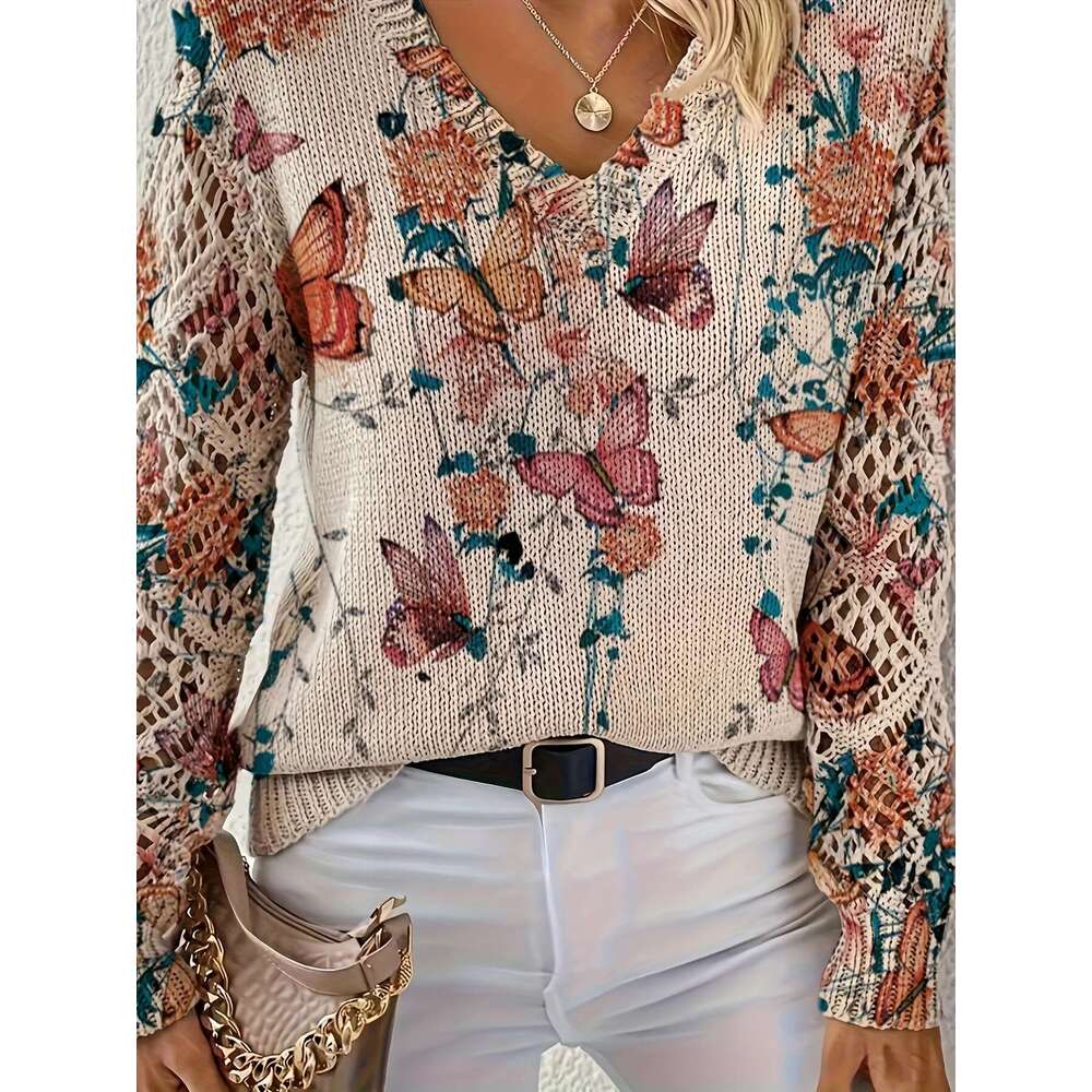 Graceful Autumn Winter, Spring Summer, Four-Season Style, Bohemian Fashion, Trendy Versatile V-Neck Long-Sleeve Women's Top With Butterfly Patter