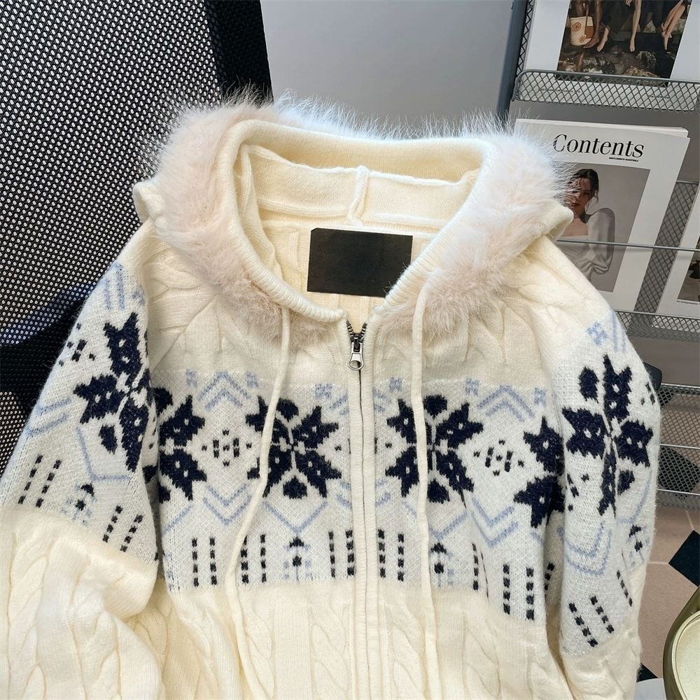 American Style Lazy HighEnd Feel Fur Collar Hooded Cable Knit Sweater Unisex Autumn Winter Korean Style Fair Isle Knitted Cardigan Coat