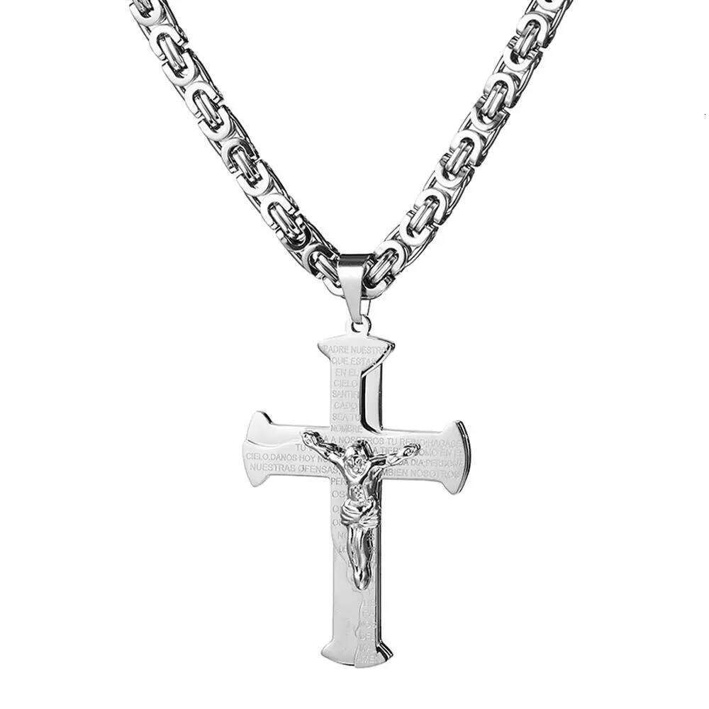 Jesus Crucifixion Cross Pendant Necklace For Men Women Gold Sier Black Color Stainless Steel Byzanine Chain