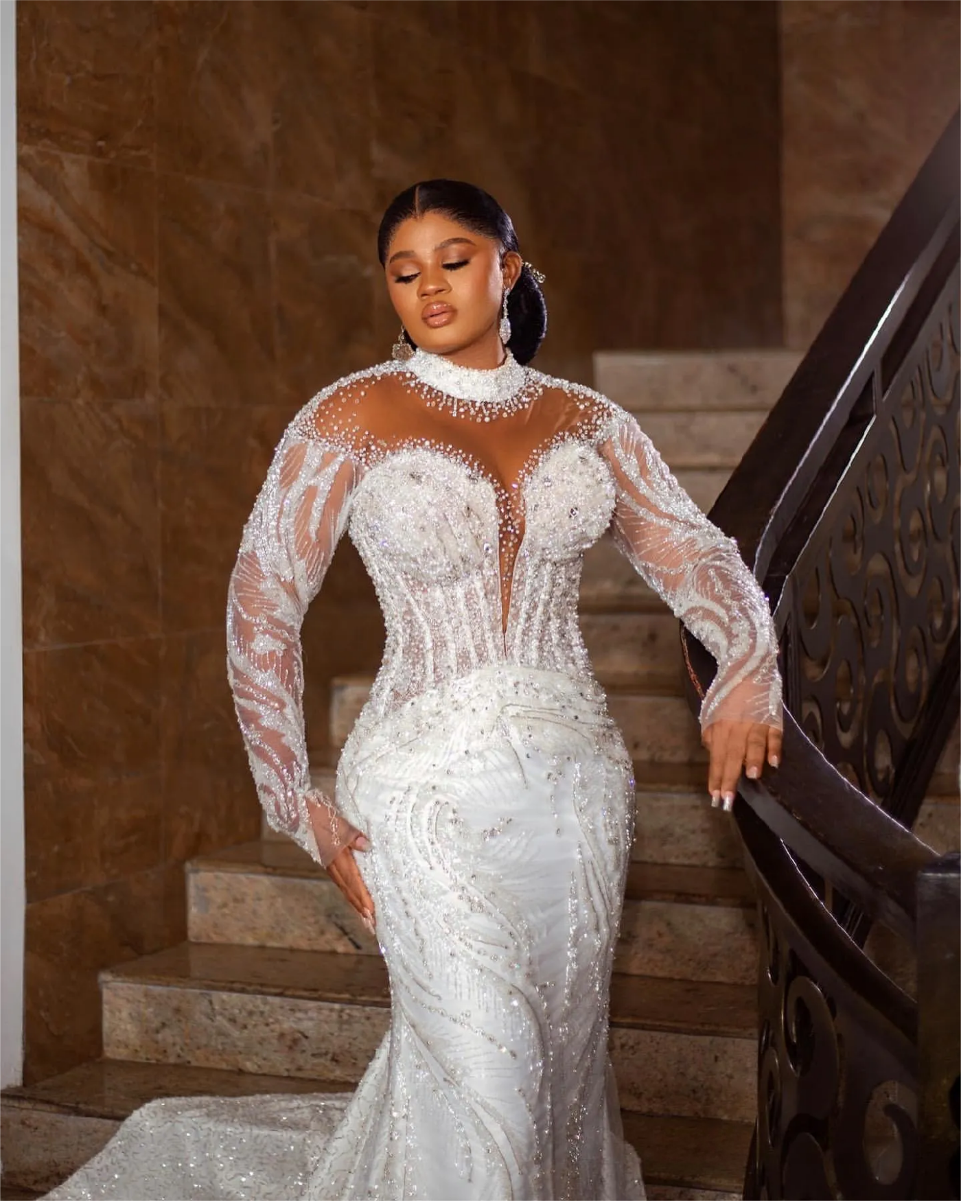Arabic Aso Ebi Plus Size Ivory Mermaid Wedding Dresses with Beaded Crystals and Sequined Lace Bridal Gowns Dress