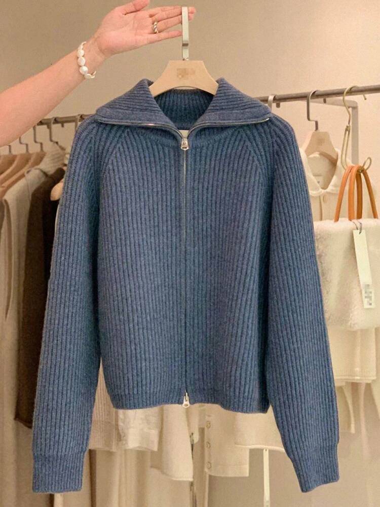 Zipper 100% Pure Cashmere Cardigan Ladies Knitted Coat Thickened Sweater Lapel Loose Autumn And Winter.