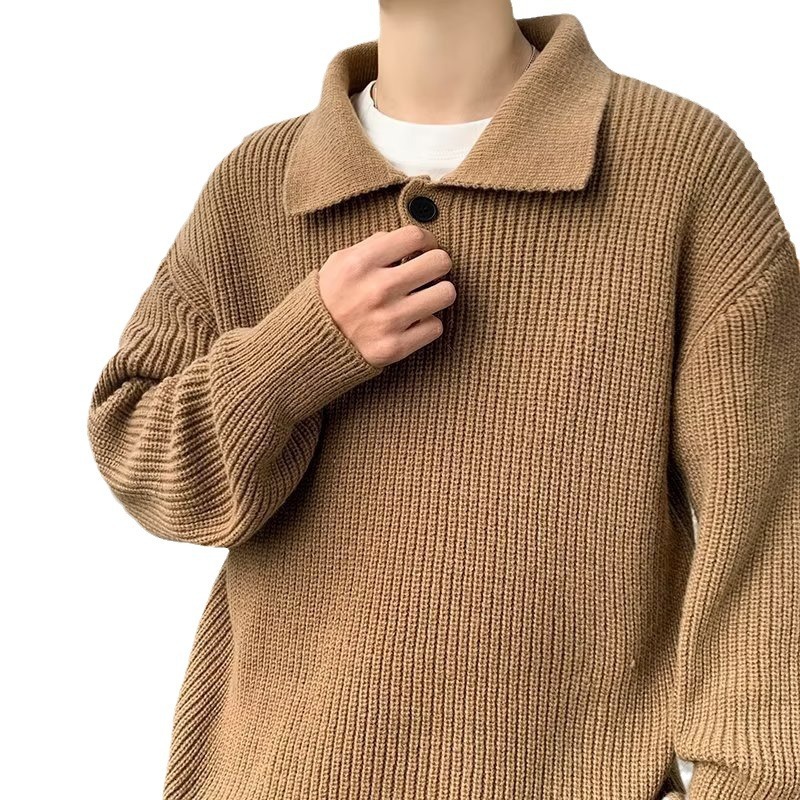 Lazy Style Polo Collar Sweater For Designer Sweater Men American Style Coffee Color High-end Oversize Knitted Innerwear