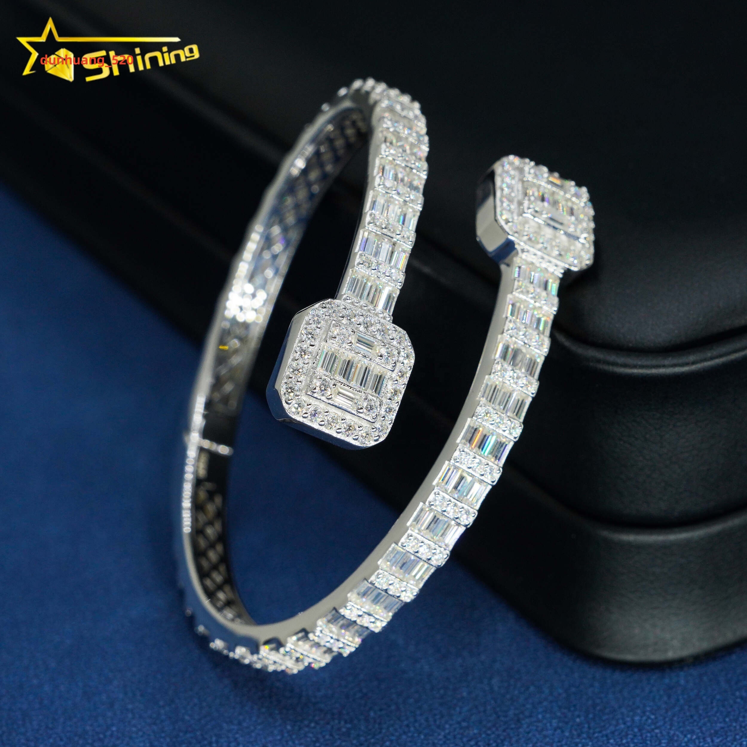 Factory Price Pass Diamond Tester Hip Hop Style 5MM Iced Out Baguette Diamond Square Clasp 925 Silver Moissanite Bangle Bracelet