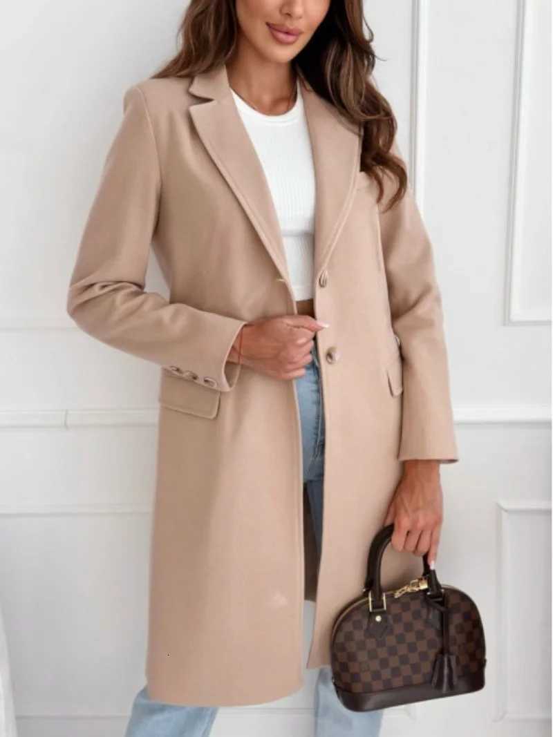 2024 popular autumn and winter simple solid colour medium and long button tweed coat women H251027